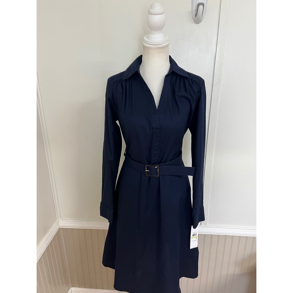 Calvin Klein Womens Navy Blue Belted Long Sleeve Shirt Dress Size 4 NWT
